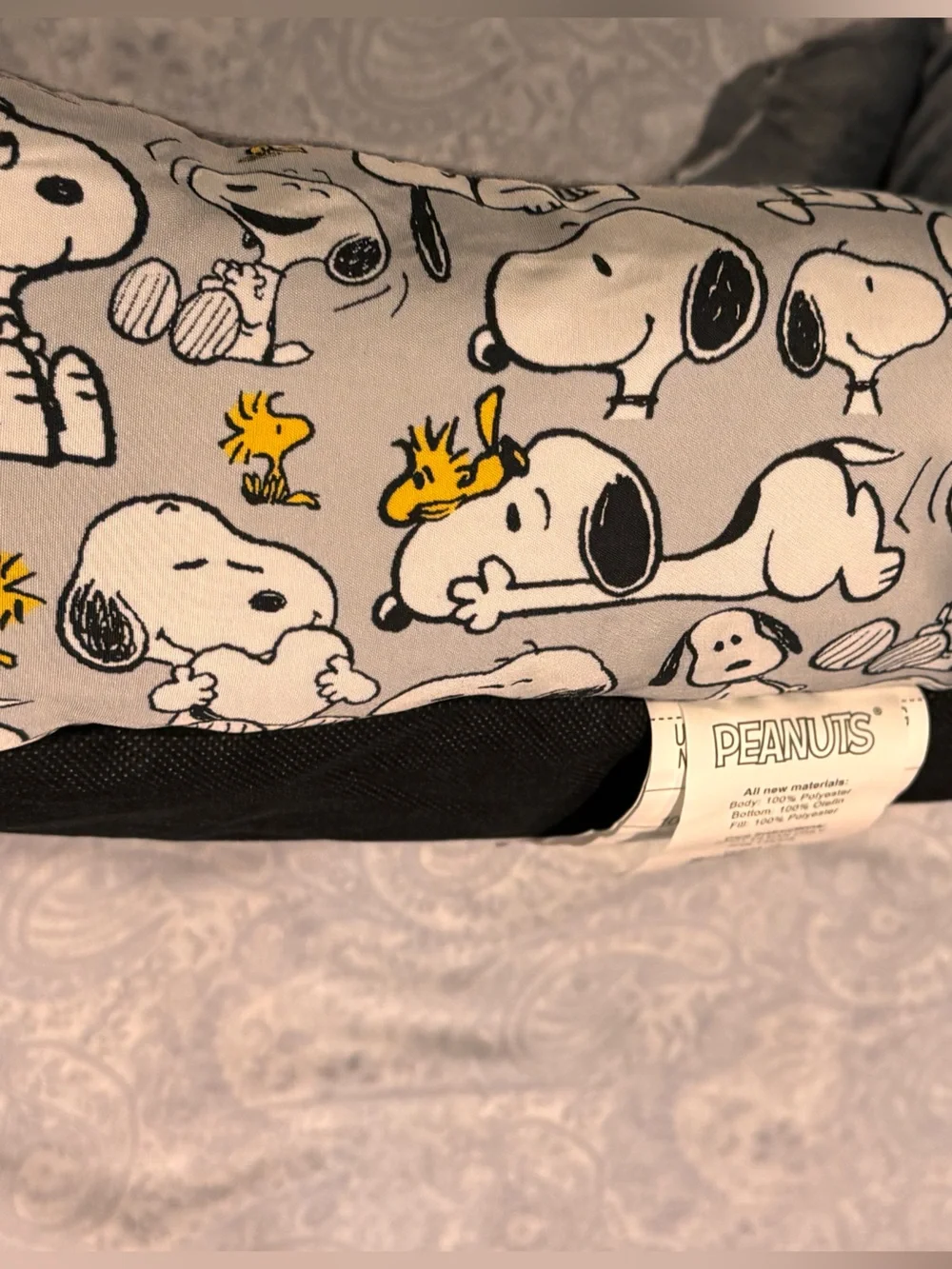 Peanuts Gray Plush Small Pet Bed with Snoopy & Woodstock Print